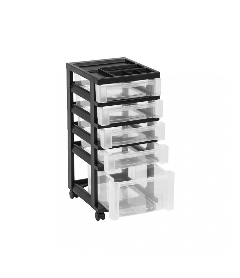 Black plastic storage box cart with 5 drawers